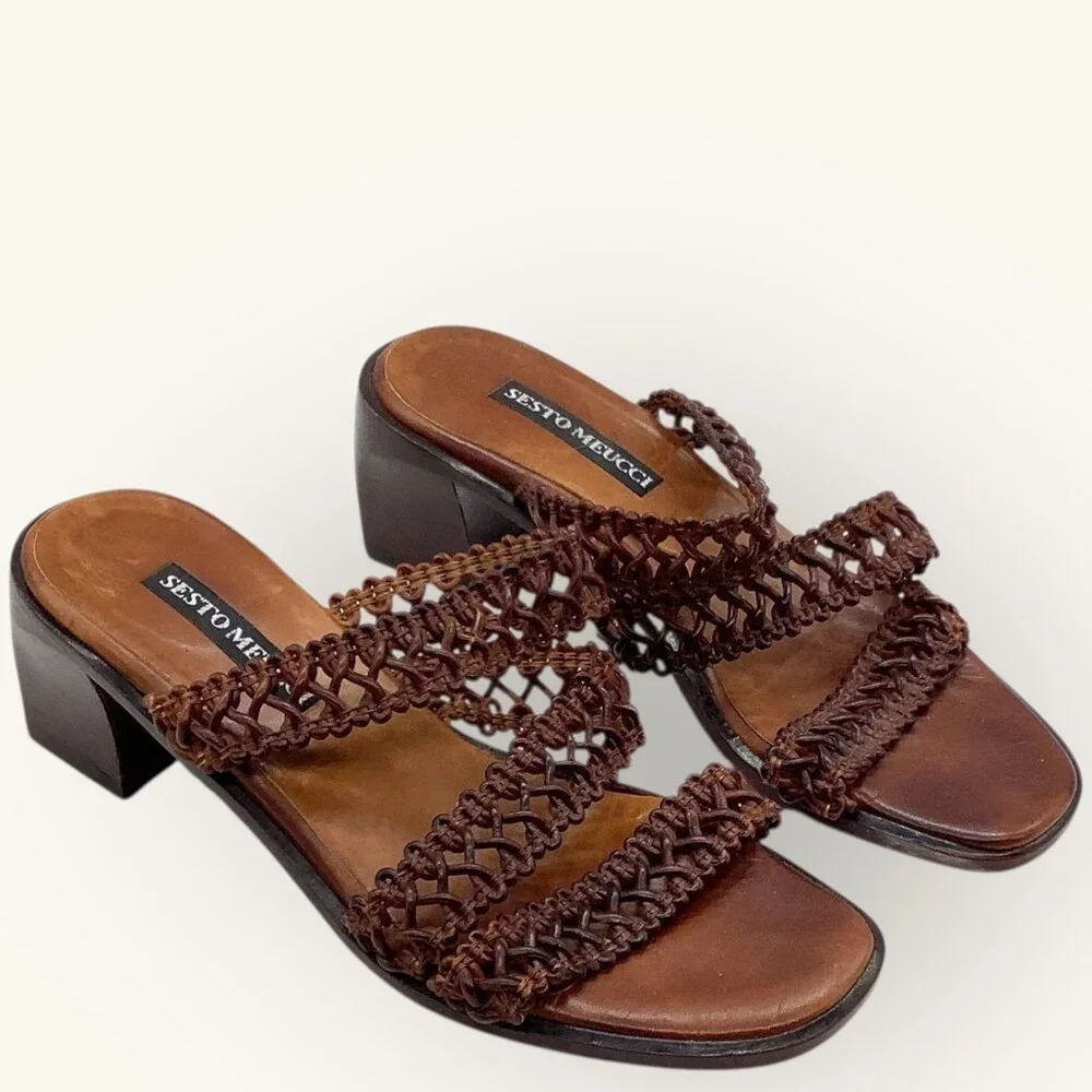 Vintage 90s Sesto Meucci Italian Leather Sandals 6 Woven Mule 2